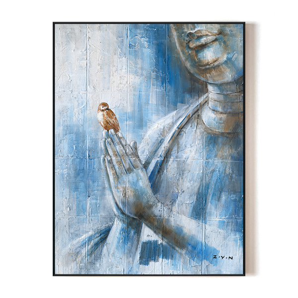 Azure Whisper - Buddha with Sparrow #H7811