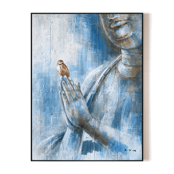 Azure Whisper - Buddha with Sparrow #H7811 Painting artwepaint 