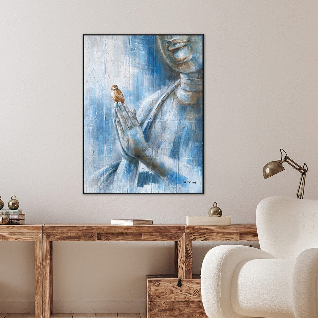 Azure Whisper - Buddha with Sparrow #H7811 Painting artwepaint 