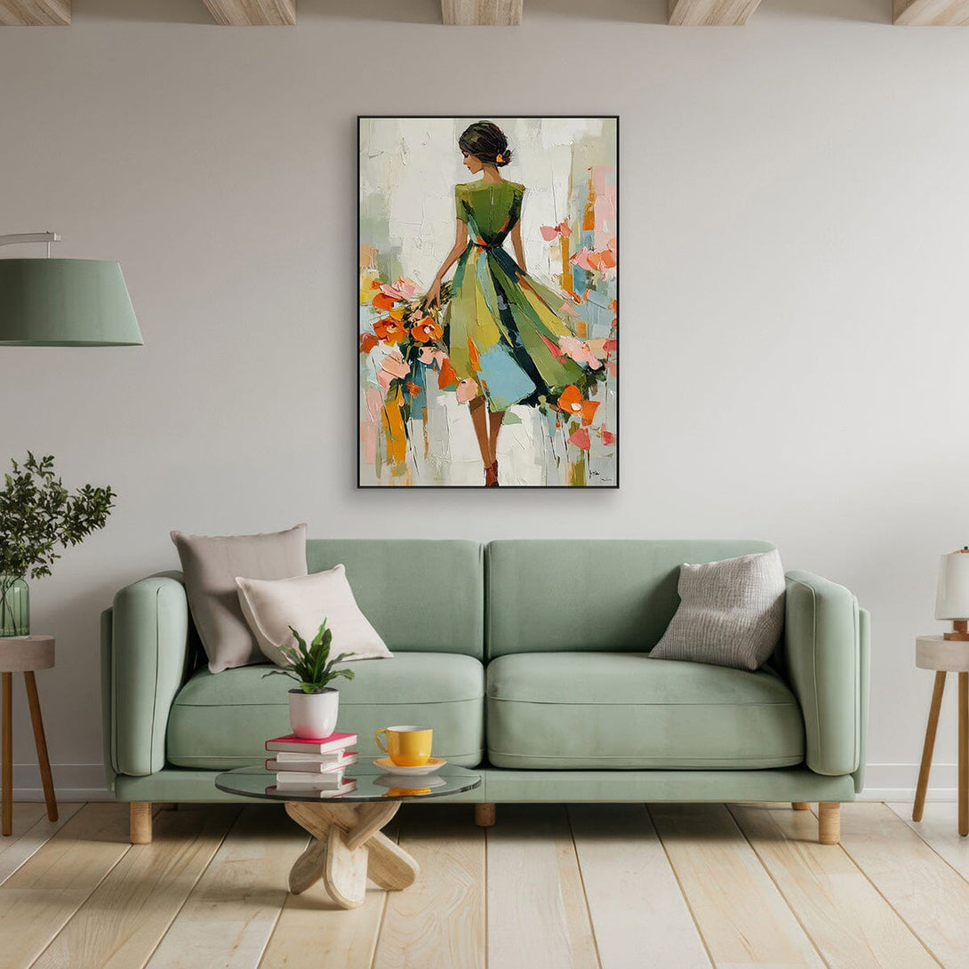 Blooming Steps – Abstract Woman in Green Dress Painting #RIX1(291) Painting artwepaint 