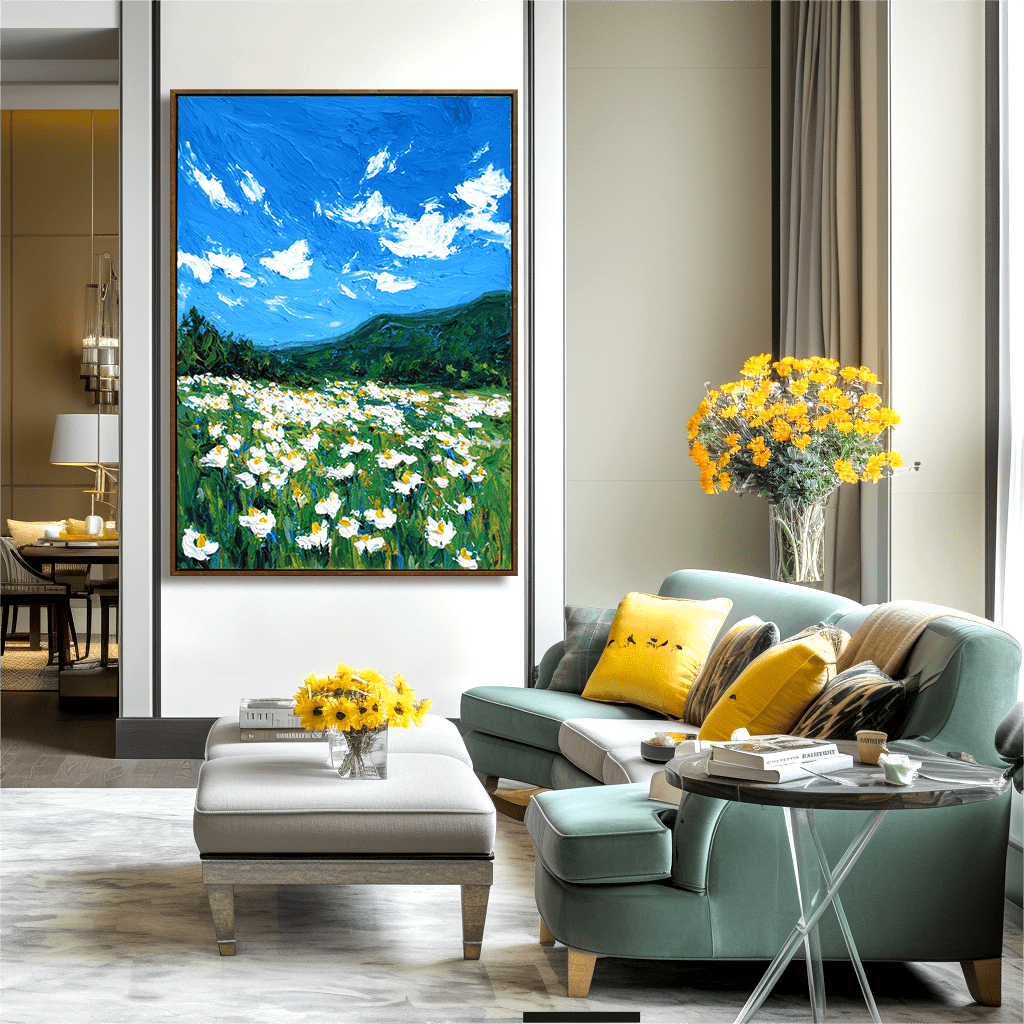 Blue Horizon – White Daisy Meadow Painting #awp31 Painting artwepaint 