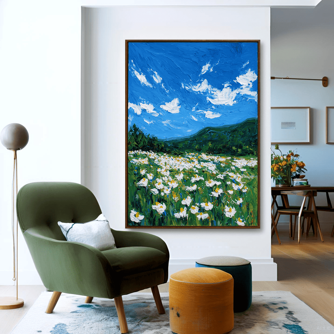 Blue Horizon – White Daisy Meadow Painting #awp31 Painting artwepaint 