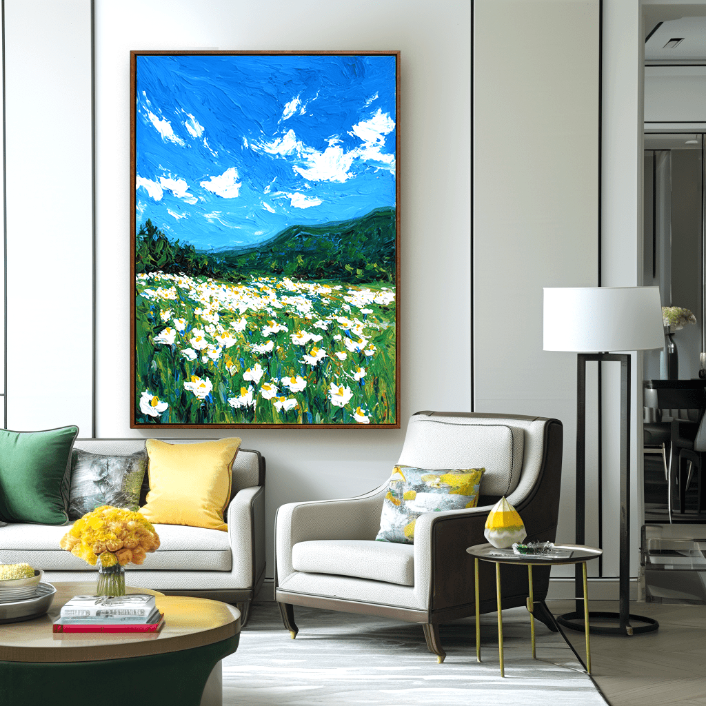 Blue Horizon – White Daisy Meadow Painting #awp31 Painting artwepaint 