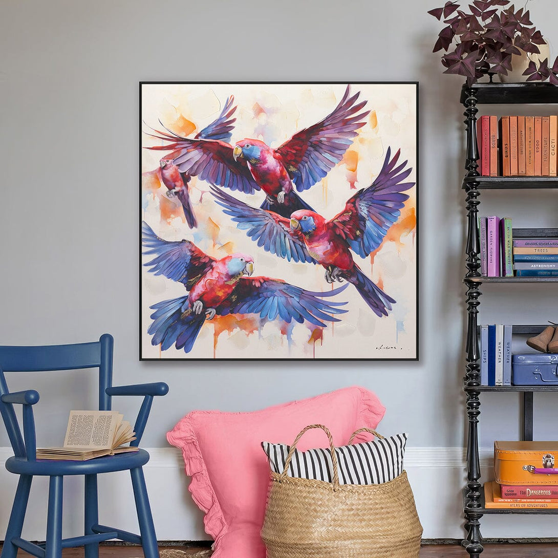 Flight Dance - Red & Blue Parrots in Motion#M6775 Painting artwepaint 