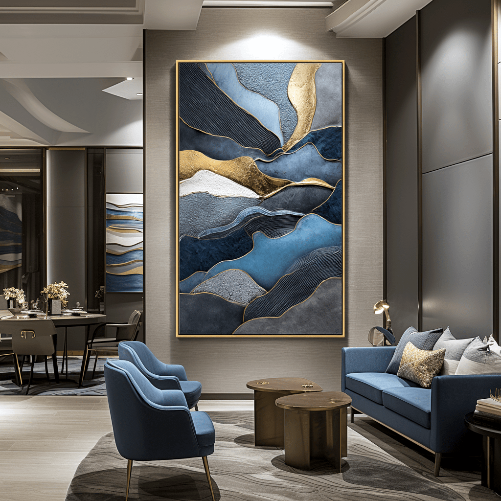 Flowing Elements – Blue and Gold Textured Abstract Art #awp38 Painting artwepaint 