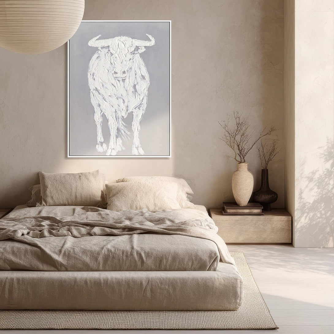 Frontal Bull - White Relief Textured Painting #M0537 Painting artwepaint 