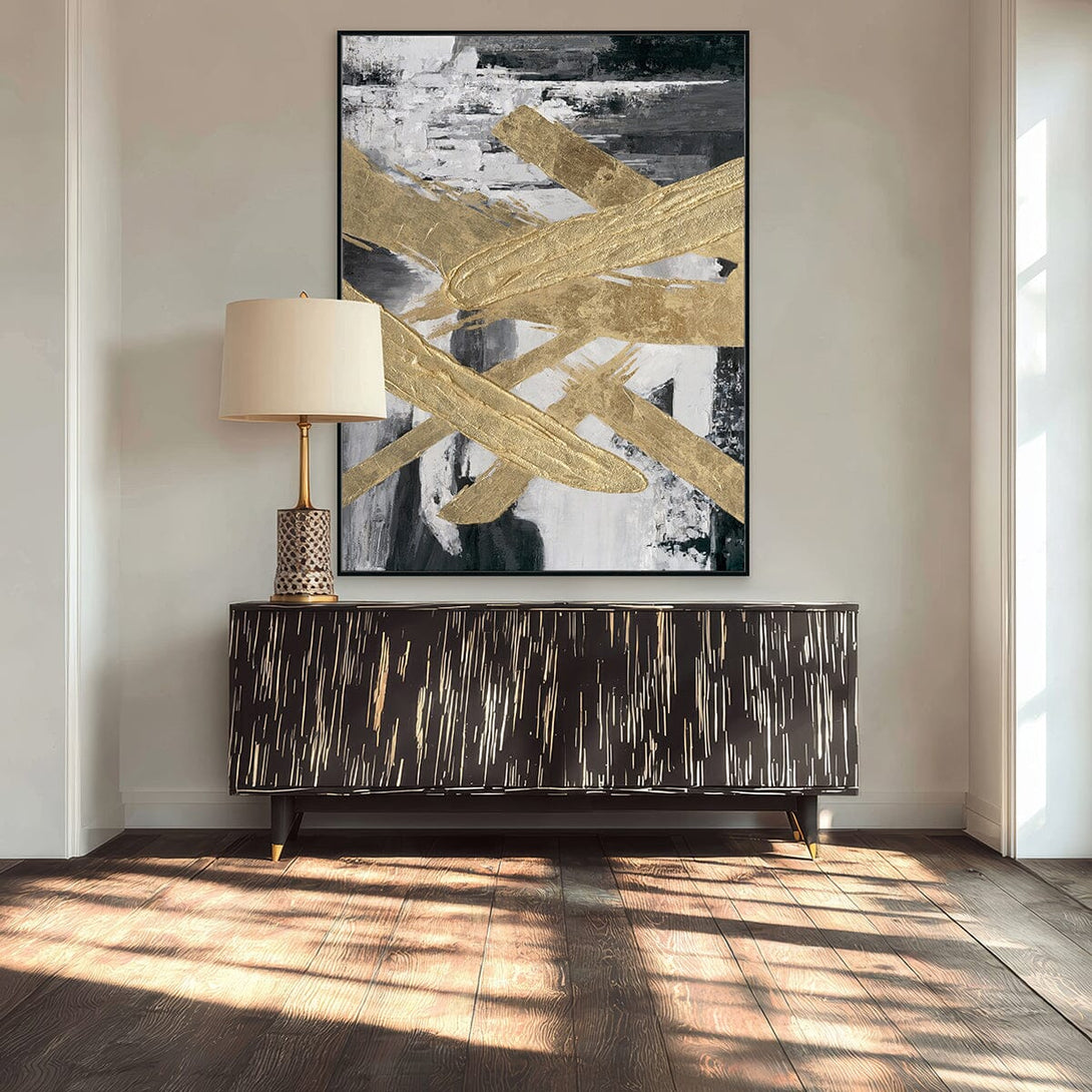 Golden Cross - Black White & Gold Textured Abstract#M3652 Painting artwepaint 