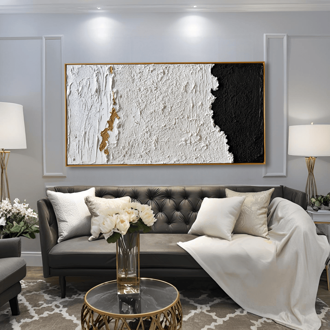 Golden Edge Harmony – Black and White Textured Abstract Painting #93042 Painting artwepaint 