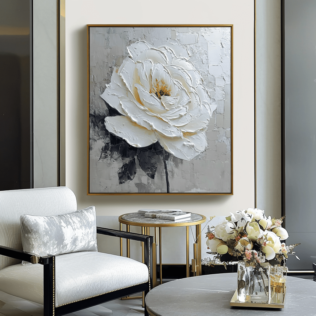 Golden Petal Glow – White Floral Textured Painting #93053 Painting artwepaint 