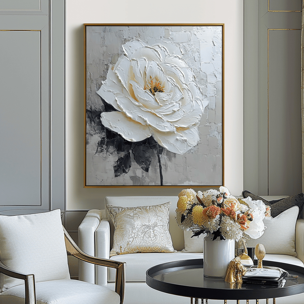 Golden Petal Glow – White Floral Textured Painting #93053 Painting artwepaint 