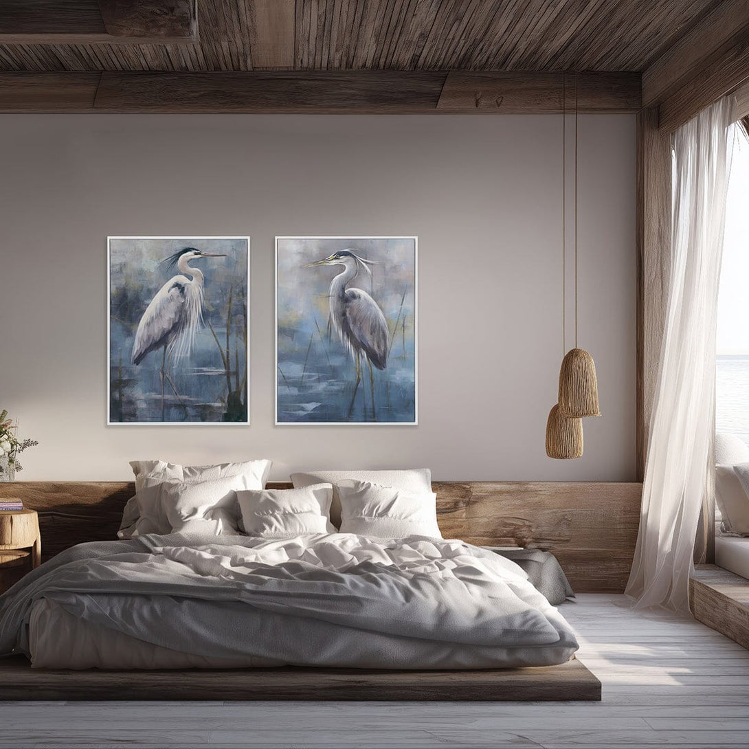 Lakeside Heron - Blue Nature Animal Painting #M2648 Painting artwepaint 