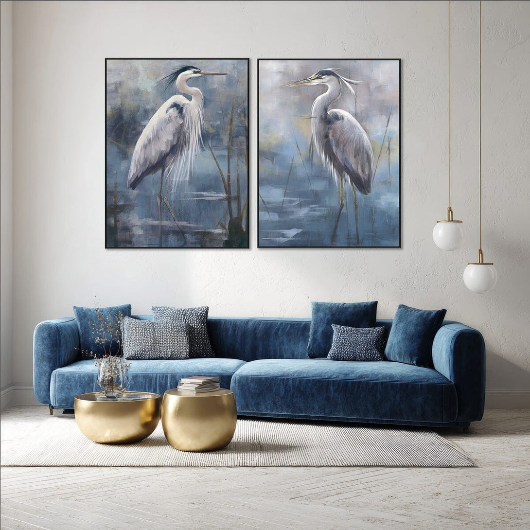 Lakeside Heron - Blue Nature Animal Painting #M2648 Painting artwepaint 