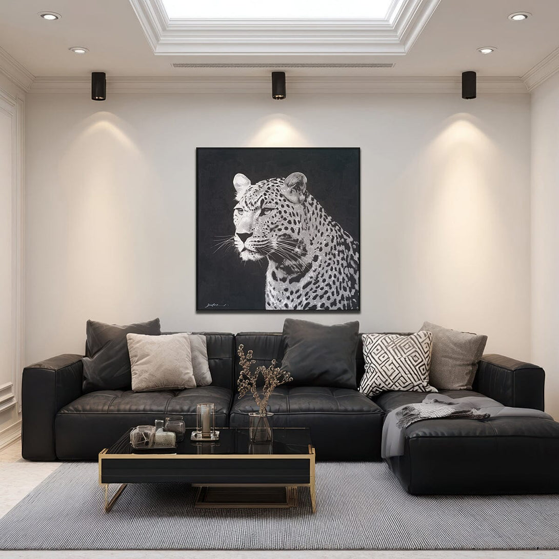 Nocturnal Gaze - Black and White Leopard Oil Painting#M8090 Painting artwepaint 