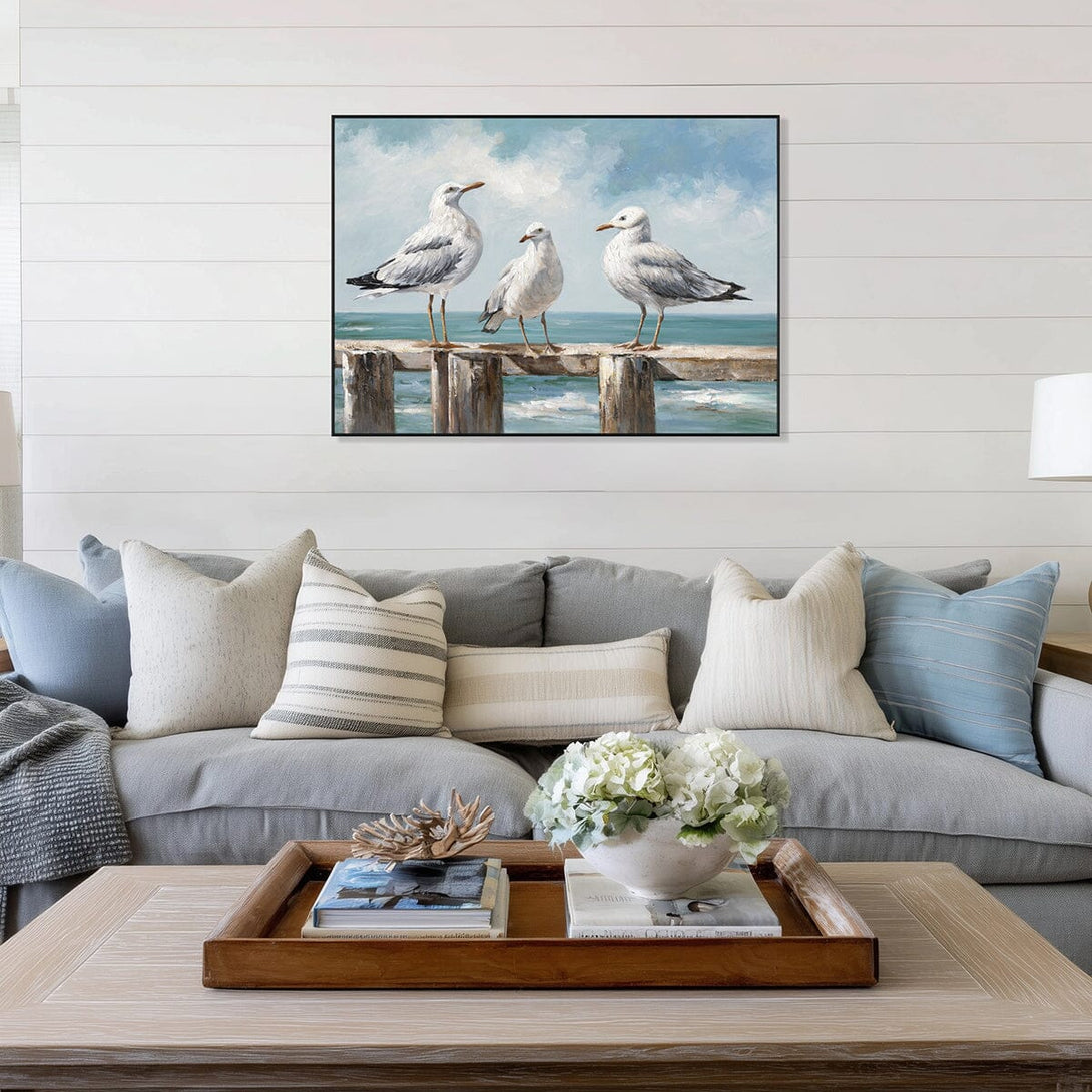 Pier Gathering - Three Seagulls Oil Painting#M3759 Painting artwepaint 
