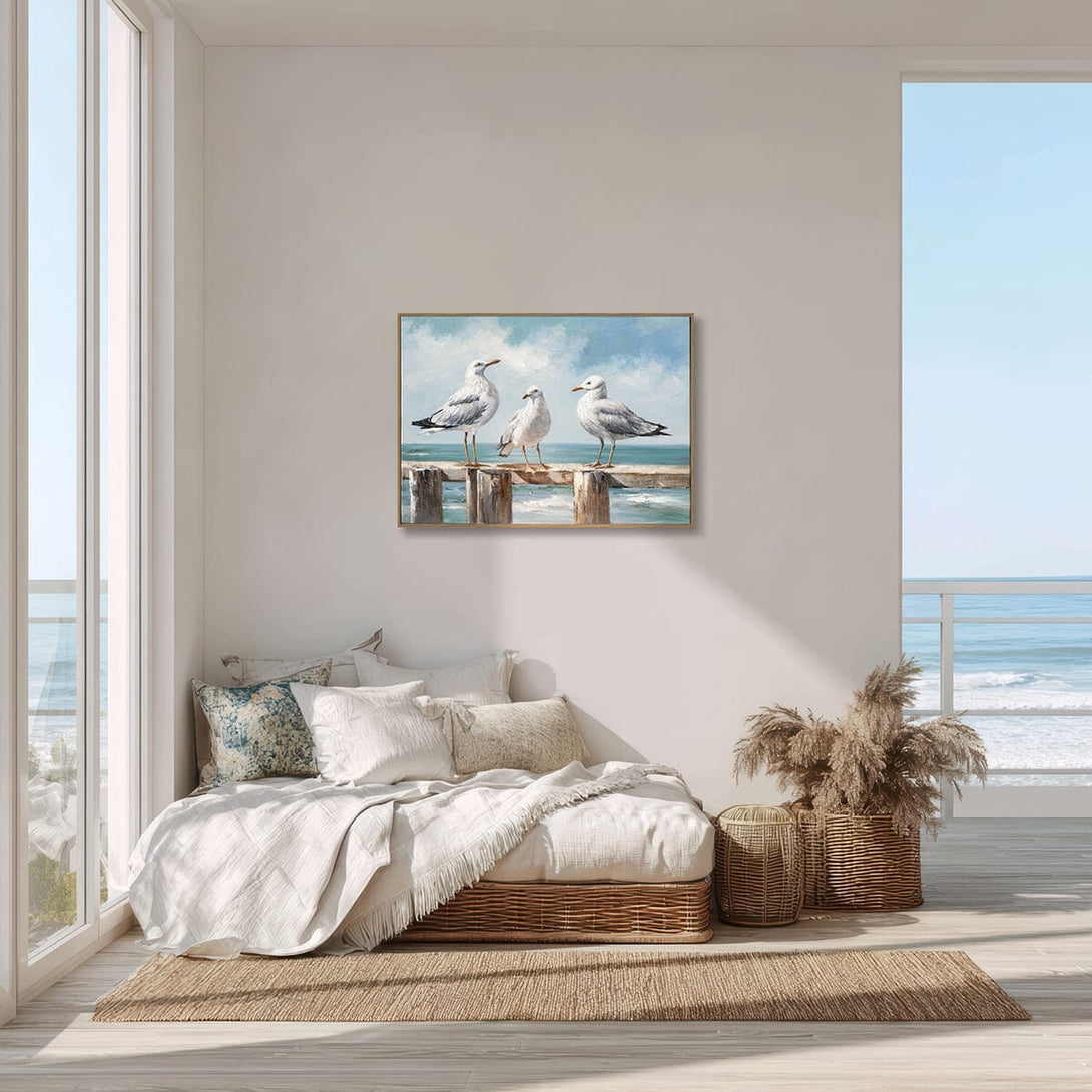 Pier Gathering - Three Seagulls Oil Painting#M3759 Painting artwepaint 
