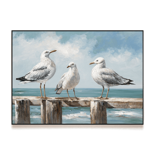 Pier Gathering - Three Seagulls Oil Painting#M3759 Painting artwepaint 