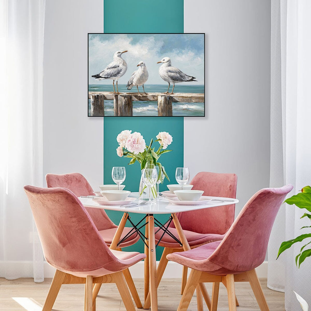 Pier Gathering - Three Seagulls Oil Painting#M3759 Painting artwepaint 