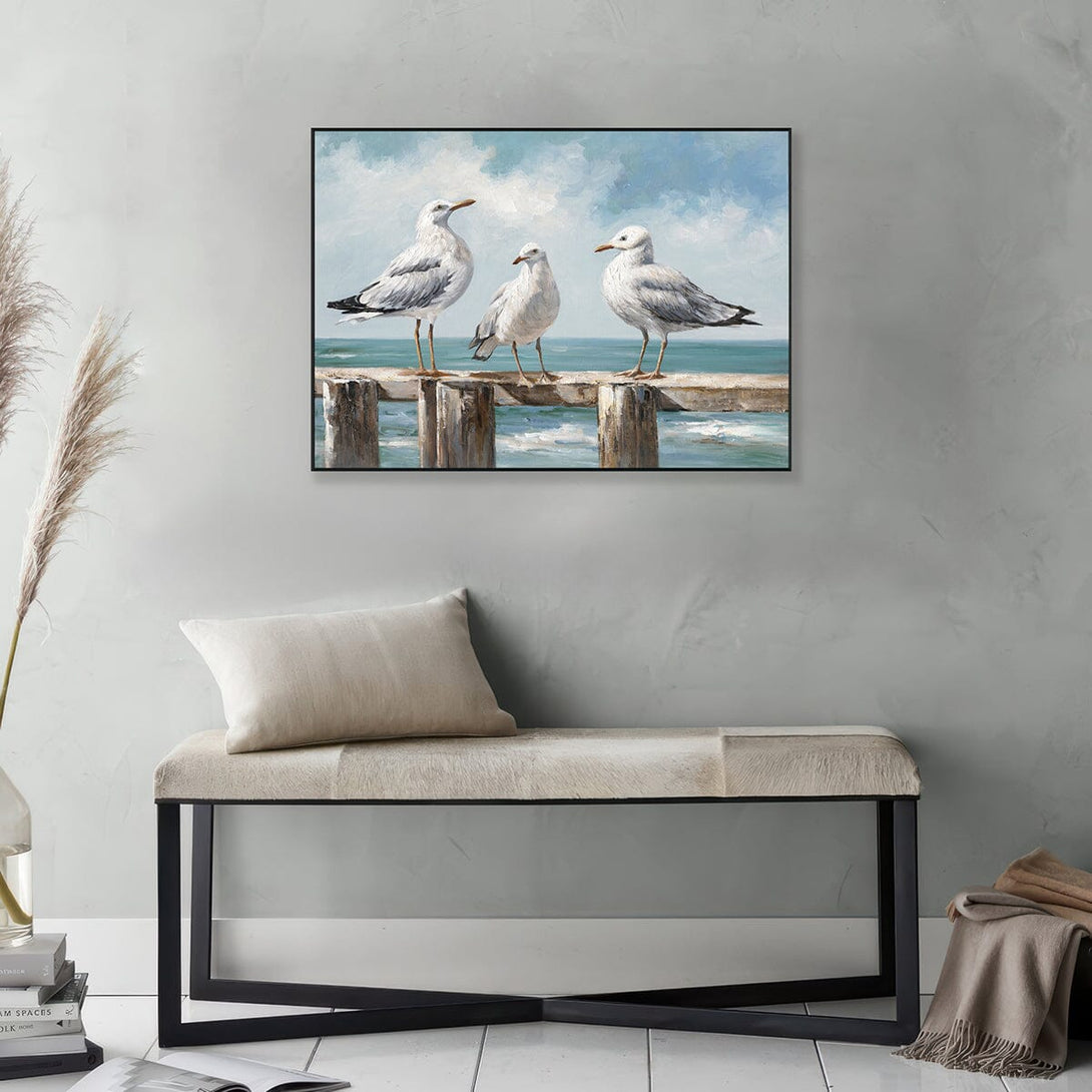 Pier Gathering - Three Seagulls Oil Painting#M3759 Painting artwepaint 