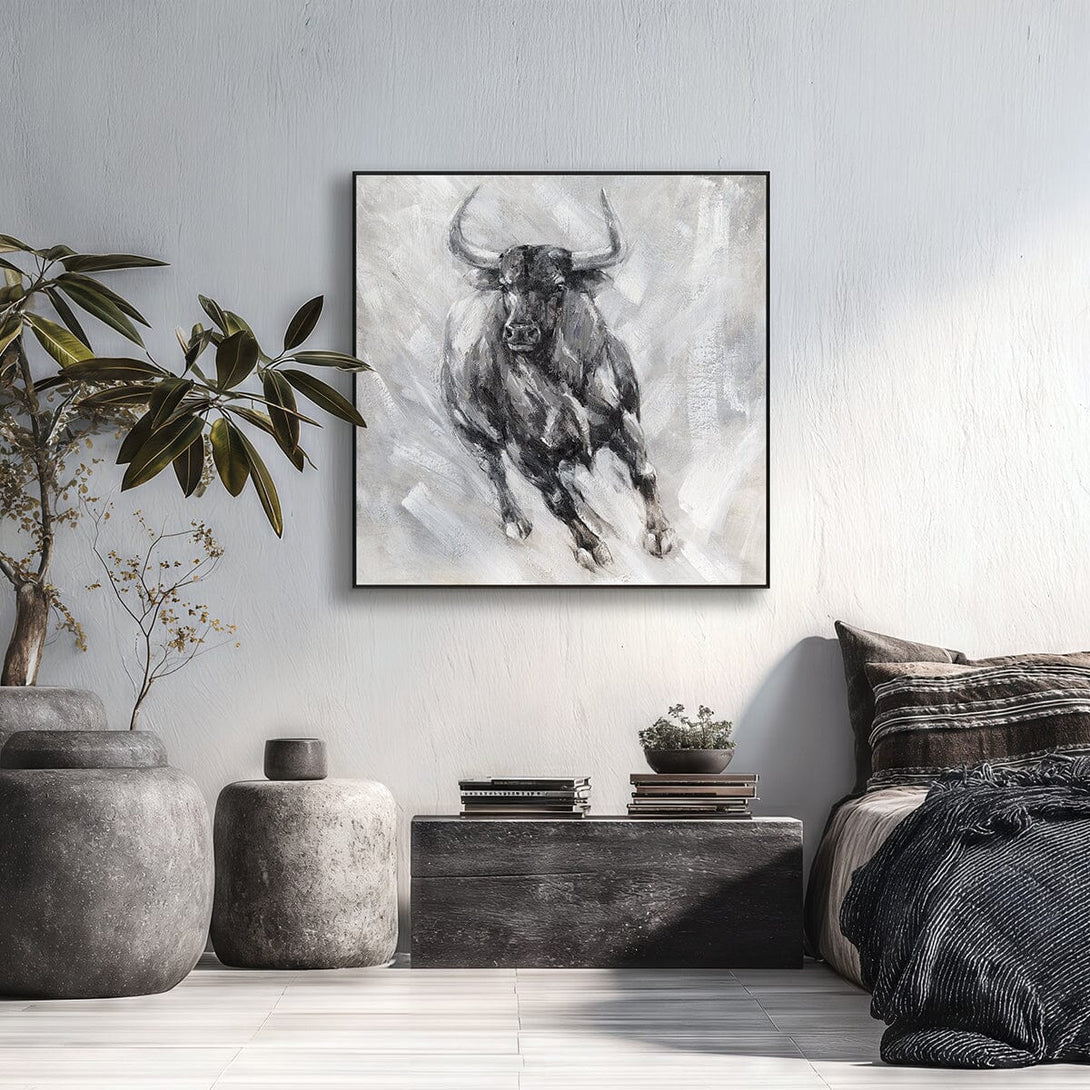 Wild Bull - Black Grey Charging Oil Painting #M0528 Painting artwepaint 