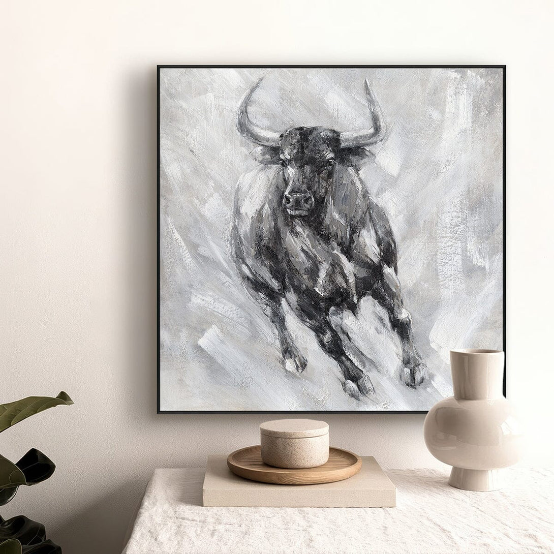 Wild Bull - Black Grey Charging Oil Painting #M0528 Painting artwepaint 