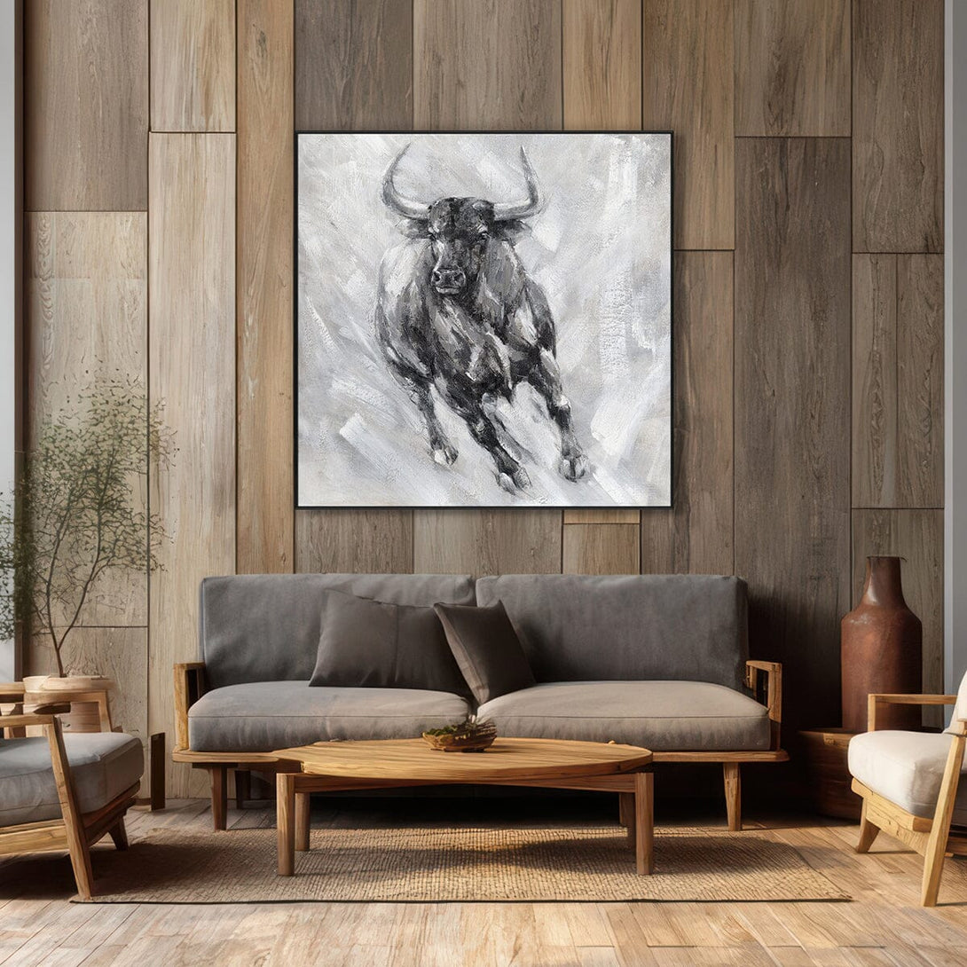 Wild Bull - Black Grey Charging Oil Painting #M0528 Painting artwepaint 
