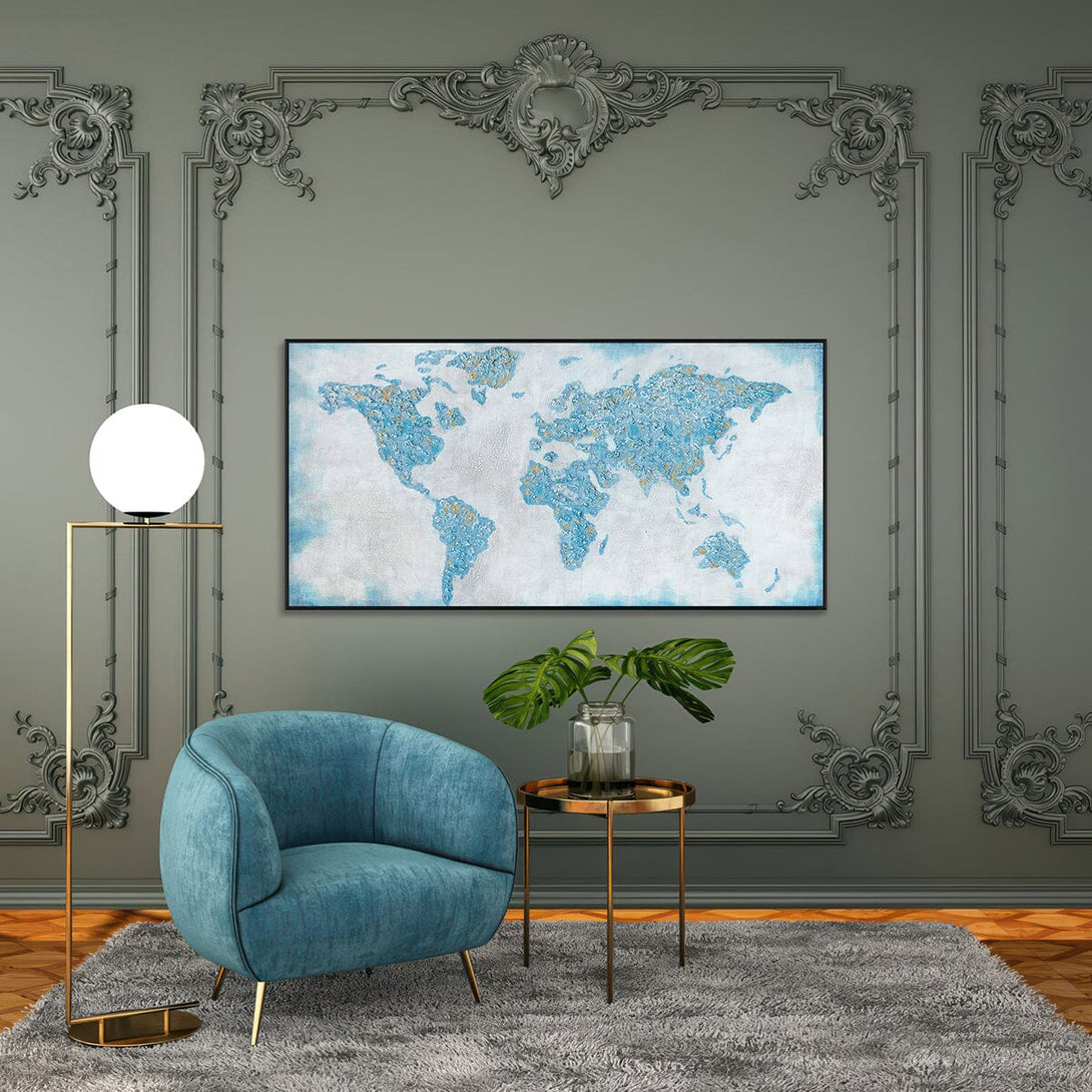 World in Blue-Textured Map Painting #I4039 Painting artwepaint 